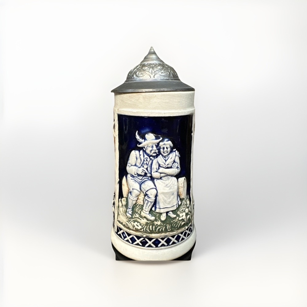 VTG German Beer Stein Reinhold Merkelbach RM 3393‎ 1/4L Cobalt Relief Pewter Lid